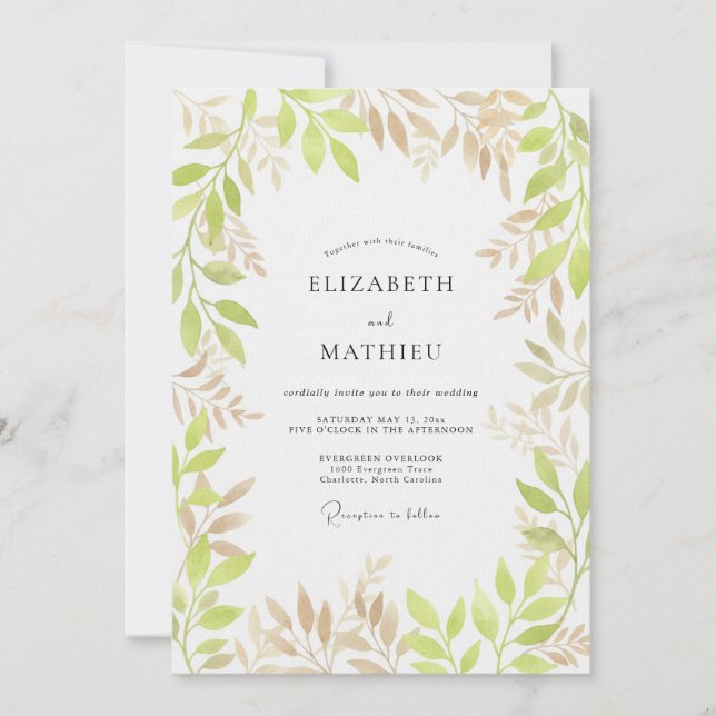 Convite Casamento com Flores Botânicas Verde Pálido (Frente)