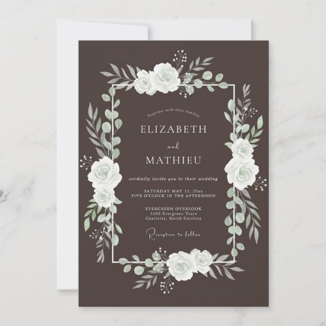 Convite Casamento com Flores Brancas Castanhas e Floreios (Frente)