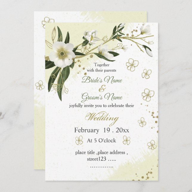 Convite casamento com flores brancas e douradas (Frente/Verso)