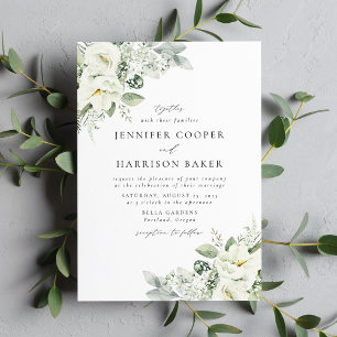 Convite Casamento com Flores Brancas Luxuriantes e Folhage