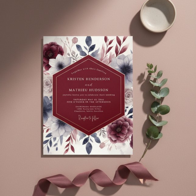 Convite Casamento com Flores Burgundy Etéreas (Criador carregado)