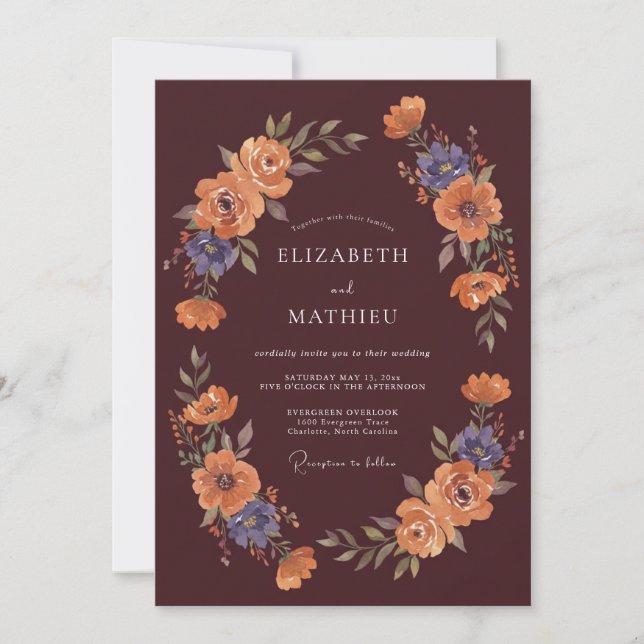 Convite Casamento com Flores Burgundy Outonais (Frente)