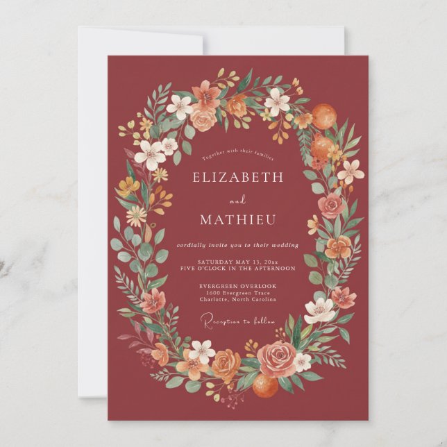 Convite Casamento com Flores Burgundy Pintadas (Frente)