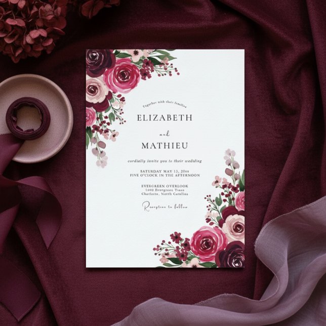 Convite Casamento com Flores Burgundy Românticas e Exubera (Criador carregado)