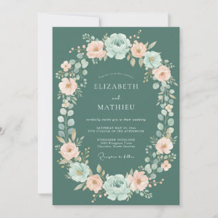 Convite Casamento com Flores Cor-de-Rosa e Azul Turquesa