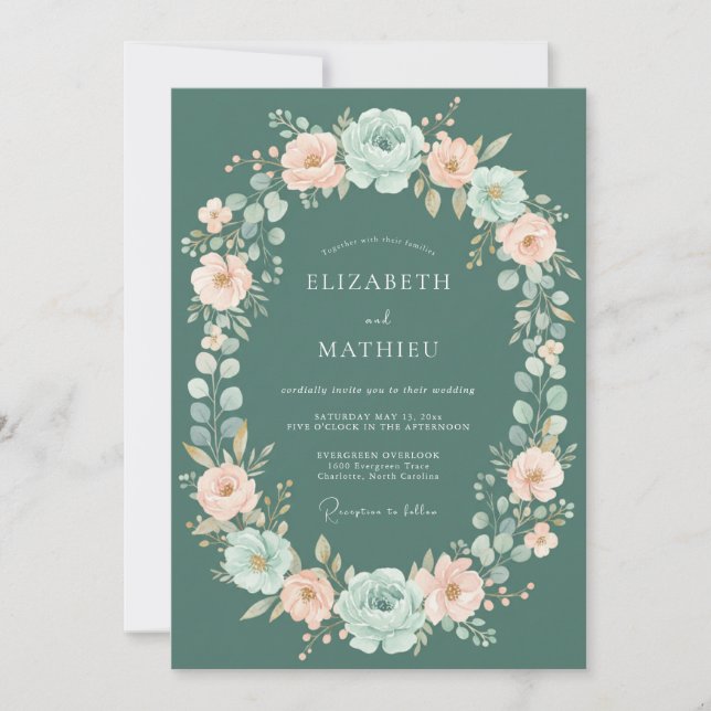 Convite Casamento com Flores Cor-de-Rosa e Azul Turquesa (Frente)