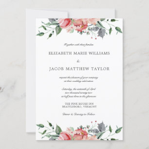 Convite Casamento com Flores Cor-de-Rosa e Caligrafia Eleg