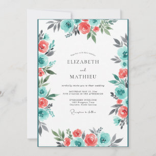 Convite Casamento com Flores Coral e Turquesa Pintados à M
