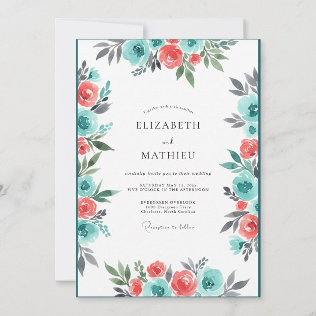 Convite Casamento com Flores Coral e Turquesa Pintados à M (Frente)