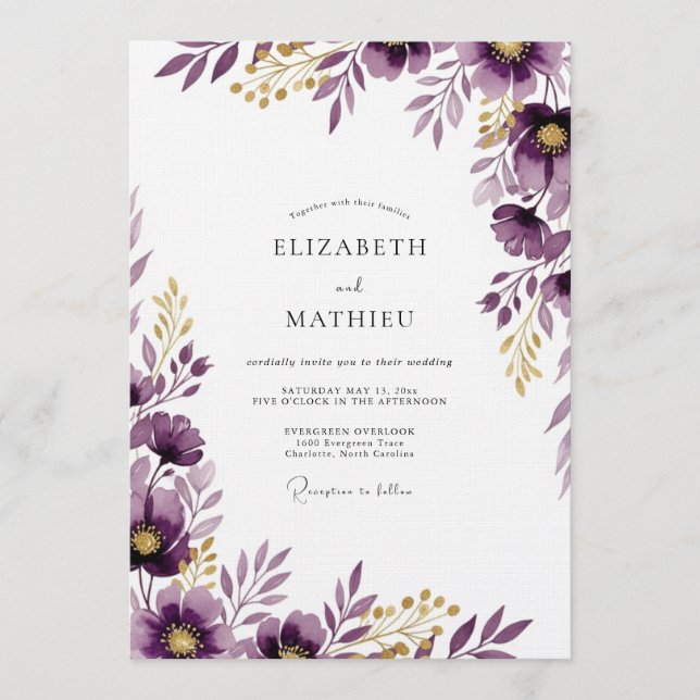 Convite Casamento com Flores de Ameixa Pintadas (Frente)