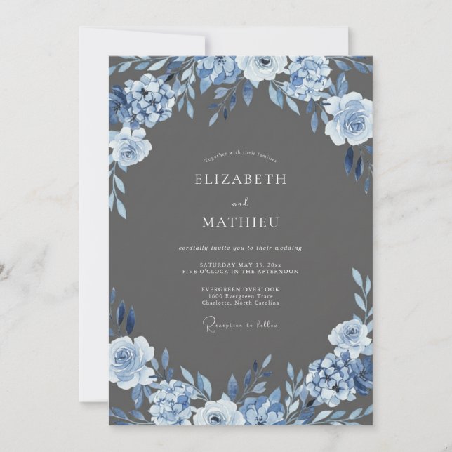 Convite Casamento com Flores de Arco Azul Desbotado e Enfe (Frente)