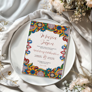 Convite Casamento com Flores de Arte Folclórica Coloridas
