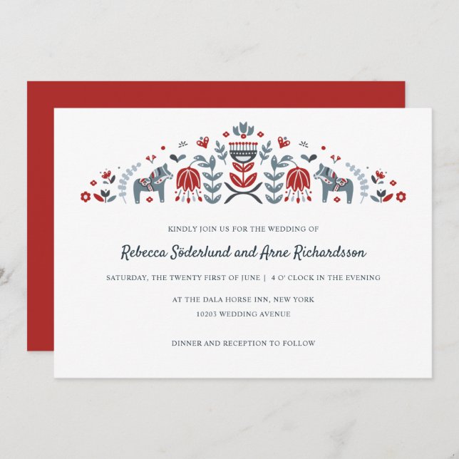 Convite Casamento com Flores de Cavalo Dala, Arte Folclóri (Frente/Verso)