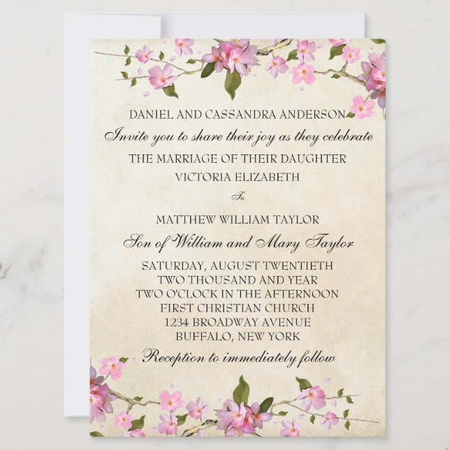 Convite Casamento com Flores de Cerejeira Japonesa Rosa (Frente)