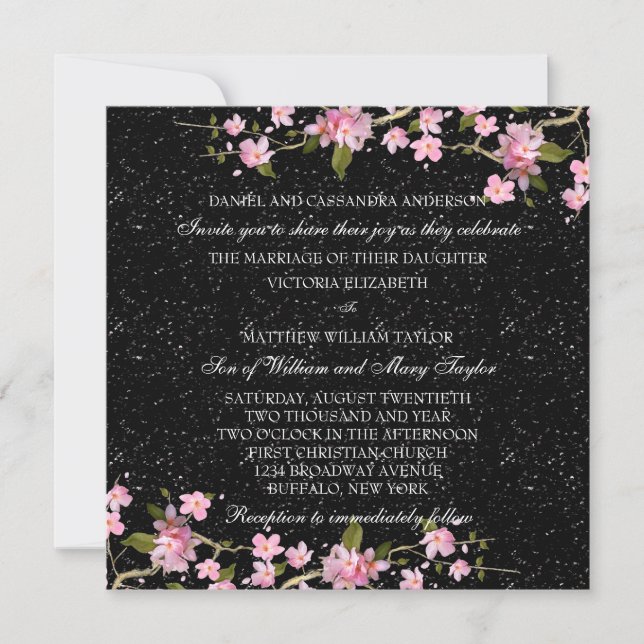 Convite Casamento com Flores de Cerejeira Japonesa Rosa (Frente)