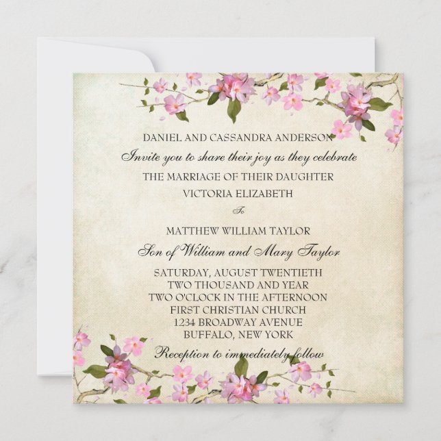 Convite Casamento com Flores de Cerejeira Japonesa Rosa (Frente)