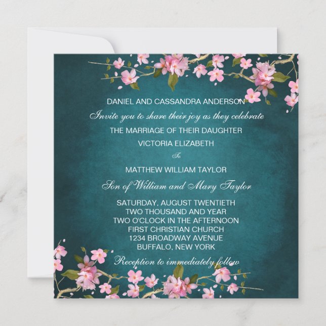 Convite Casamento com Flores de Cerejeira Japonesa Rosa Ja (Frente)