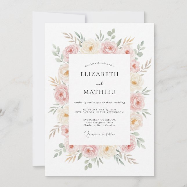 Convite Casamento com Flores de Champagne Rosadas (Frente)