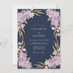 Convite Casamento com Flores de Lavanda Azul-Marinho