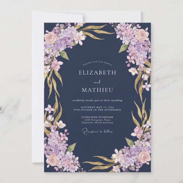 Convite Casamento com Flores de Lavanda Azul-Marinho (Frente)