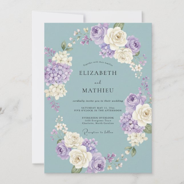 Convite Casamento com Flores de Lavanda Azul Pintadas à Mã (Frente)