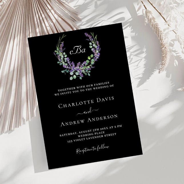 Convite Casamento com flores de lavanda branca-negra (Criador carregado)