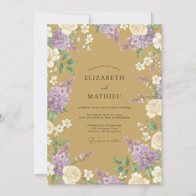 Convite Casamento com Flores de Lilás Exuberantes (Frente)