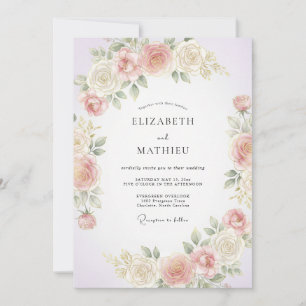Convite Casamento com Flores de Pêssego Pálido em Abundânc