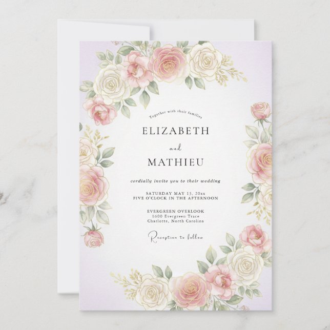 Convite Casamento com Flores de Pêssego Pálido em Abundânc (Frente)