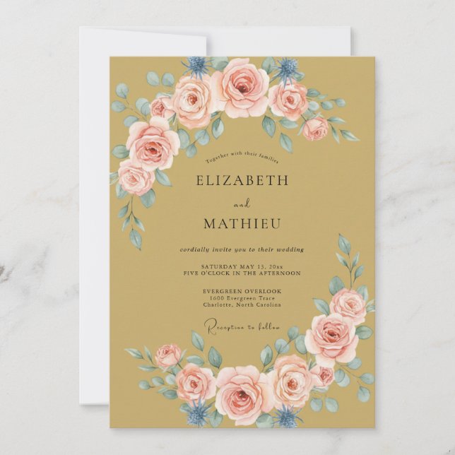 Convite Casamento com Flores de Pêssego Pintadas (Frente)
