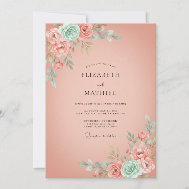 Convite Casamento com Flores de Pêssego Romântico e Florea (Frente)