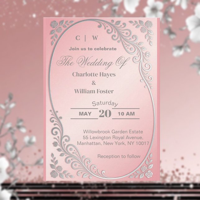 Convite Casamento com Flores de Prata e Brilho Metálico Ro (Blush Pink Metallic Glitter Silver Florals Wedding Invitation)