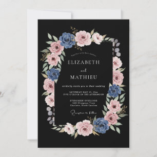 Convite Casamento com Flores de Rosa Azul Empoeirado