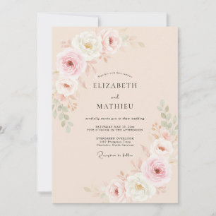 Convite Casamento com Flores de Rosa Suave Pêssego
