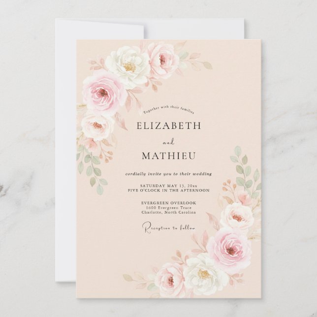 Convite Casamento com Flores de Rosa Suave Pêssego (Frente)