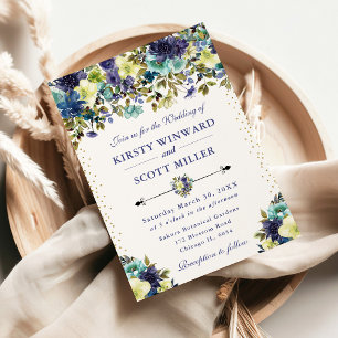 Convite Casamento com Flores de Verão Azuis e Navy