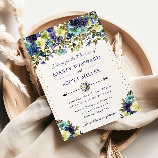 Convite Casamento com Flores de Verão Azuis e Navy (Criador carregado)