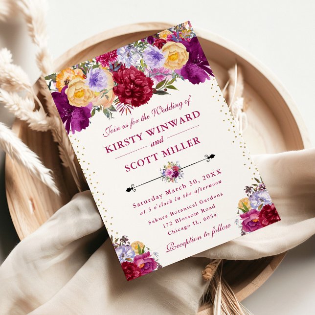 Convite Casamento com Flores de Verão Roxas e Vermelhas (Criador carregado)