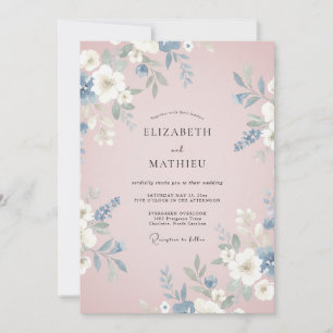 Convite Casamento com Flores Delicadas em Azul Poeirento