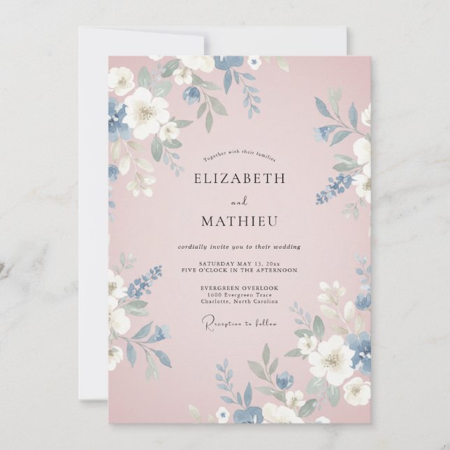 Convite Casamento com Flores Delicadas em Azul Poeirento (Frente)