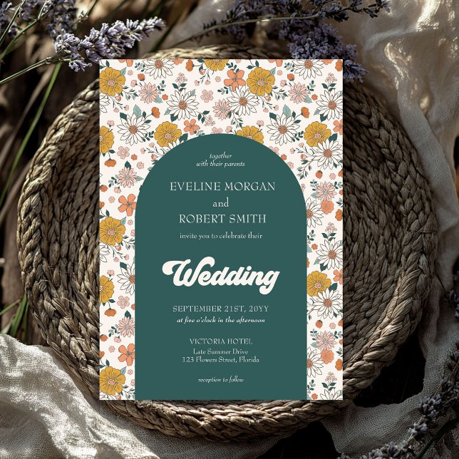 Convite Casamento com flores do outono do Retro (Retro groovy autumn flowers arch wedding invitation)