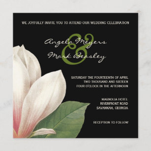 Convite Casamento com Flores do Sul da Magnolia   Preto El