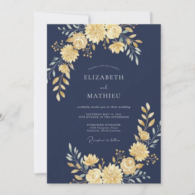 Convite Casamento com Flores Douradas da Marinha (Frente)