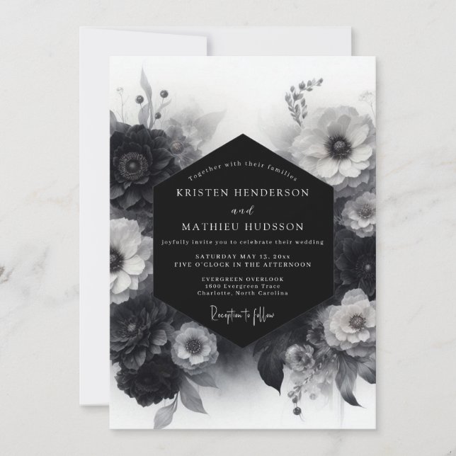 Convite Casamento com Flores Dramáticas Monocromáticas (Frente)