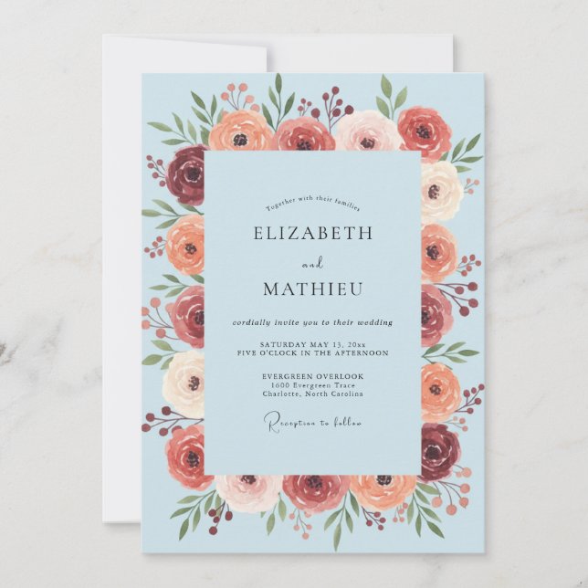 Convite Casamento com Flores em Azul Claro (Frente)