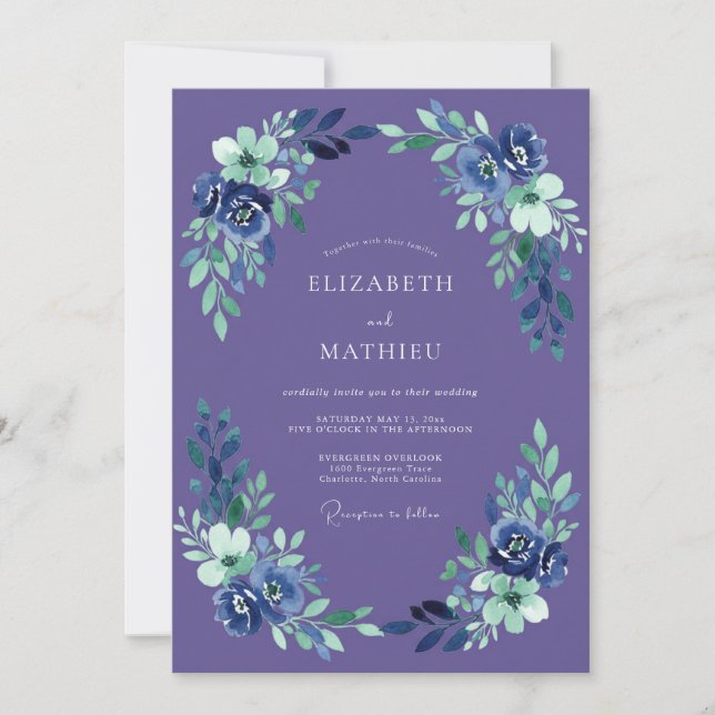Convite Casamento com Flores Indigo Pintadas (Frente)