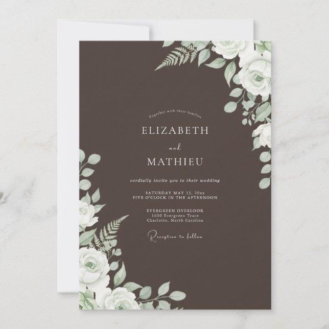 Convite Casamento com Flores Marrom Claro Verde (Frente)
