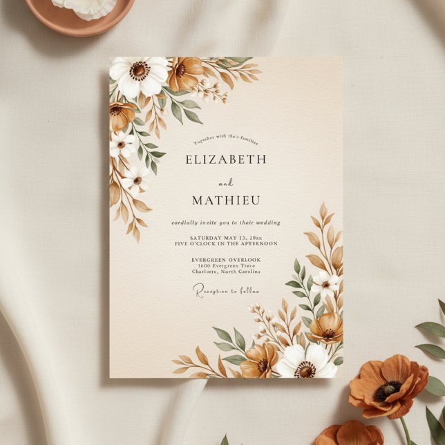 Convite Casamento com Flores Marrons Pintadas (Criador carregado)