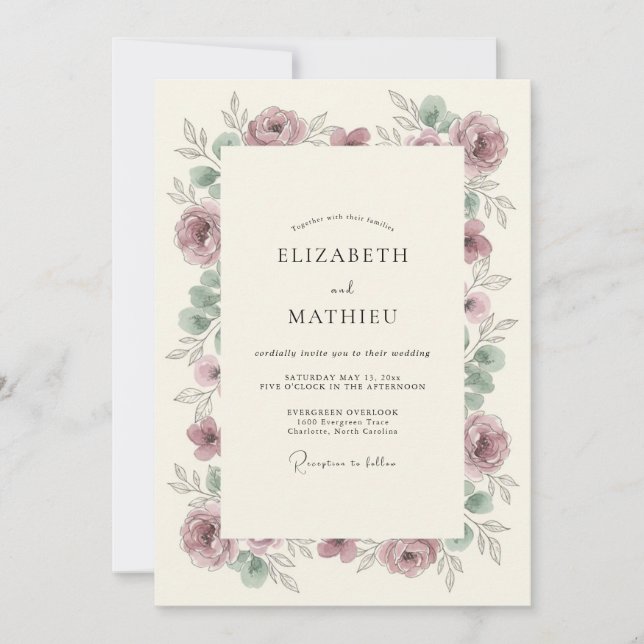 Convite Casamento com Flores Mauves em Abundância (Frente)