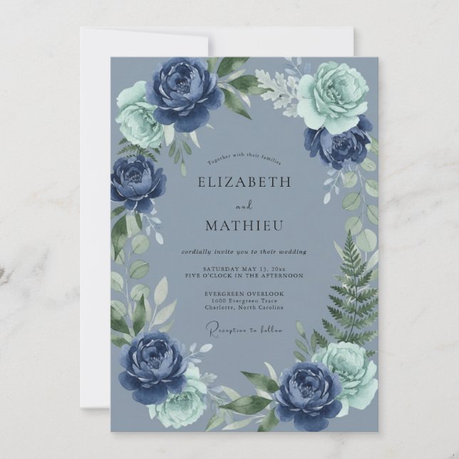 Convite Casamento com Flores Navy Bloom (Frente)